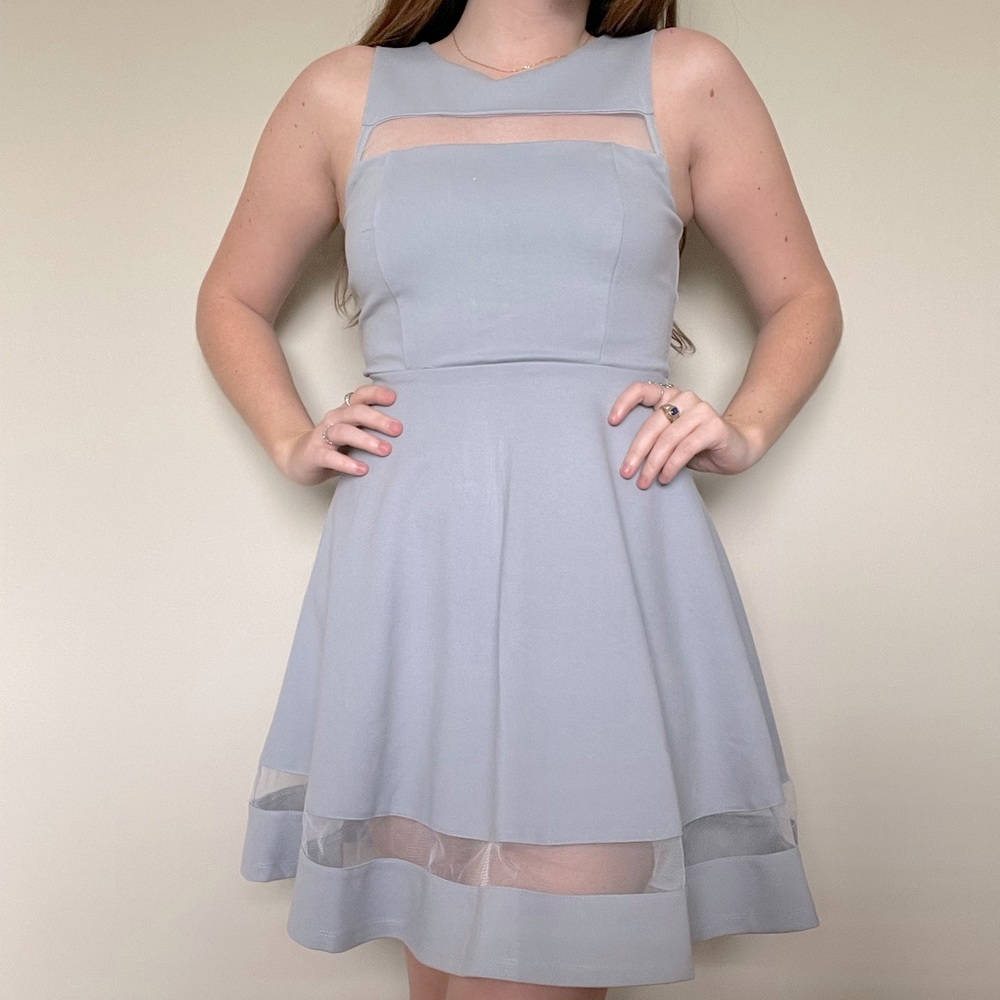 Pale Blue A-Line Dress with Mesh Cutouts